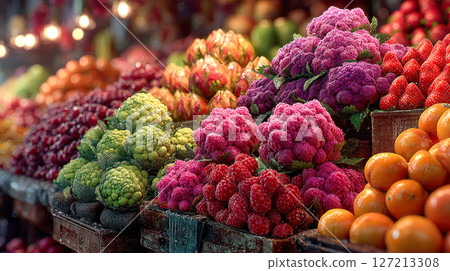 A rustic market table overflows with fresh fruits including limes, pineapples, pomegranates, and berries, arranged in wooden crates under natural lighting 127213308