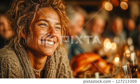 A joyful woman with curly hair smiles warmly during a cozy dinner party, surrounded by softly lit friends and a festive atmosphere 127213309