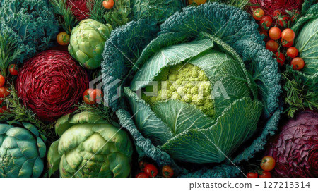 Vibrant arrangement of fresh vegetables including cabbage, artichokes, tomatoes, and kale in a richly detailed composition 127213314