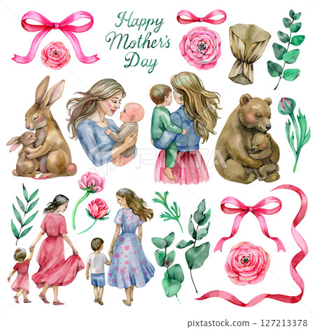 Set of Mothers Day illustrations with mom and baby, spring flowers, animals and modern typography. Set of Mothers Day illustrations with mom and baby, spring flowers, animals and modern typography. 127213378