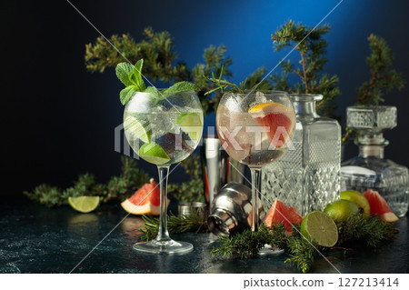 Cocktails gin and tonic with grapefruit and lime slices. 127213414