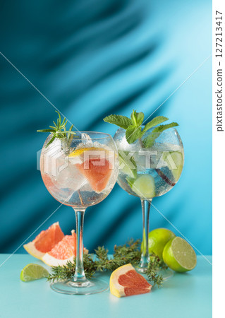 Cocktails gin and tonic with grapefruit and lime slices. Cocktails gin and tonic with grapefruit and lime slices. 127213417