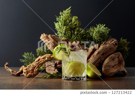 Refreshing hard seltzer with ice, lime, and rosemary. 127213422