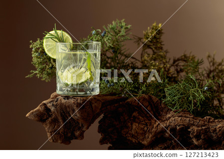 Refreshing hard seltzer with ice, lime, and rosemary on an old snag. 127213423