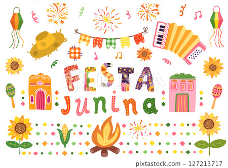 Cute Festa Junina vector set with graphics - accordion, corn, text, fire, straw hat for banners, posters 127213717