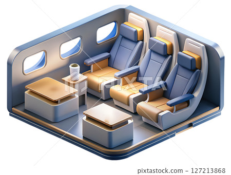 Isometric view of modern airplane cabin with premium seating 3d render on transparent background, luxury air travel concept 127213868