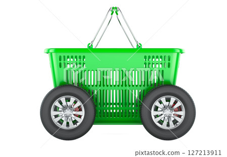 Green shopping basket with car wheels, 3D rendering 127213911