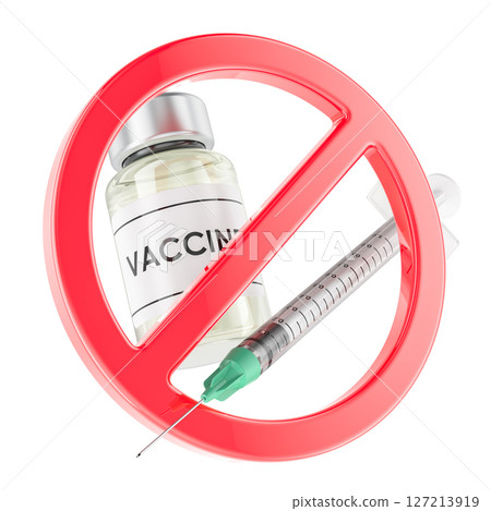 Prohibition sign with Vaccine vial and syringe. Anti-vaccination, concept. 3d rendering 127213919