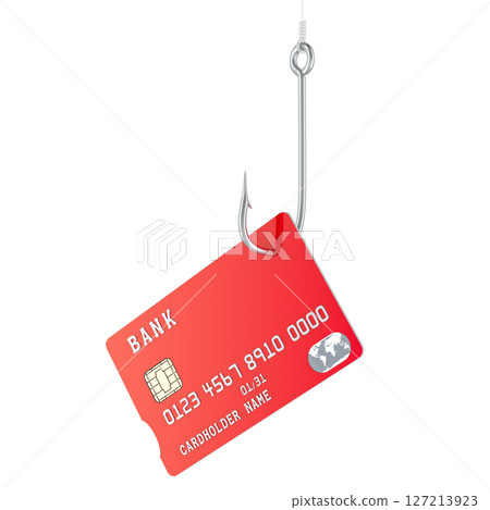 Bank credit card on fishing hook. Phishing or financial fraud, concept. 3d rendering 127213923
