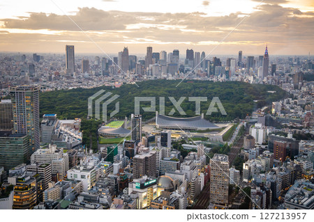 Views of Tokyo from Shibuya Sky rooftop at sunset, in Shibuya, Tokyo, Japan Views of Tokyo from Shibuya Sky rooftop at sunset, in Shibuya, Tokyo, Japan 127213957