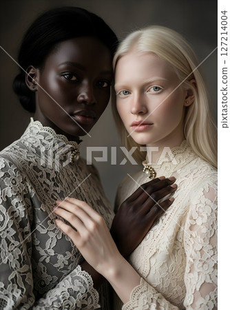 Elegant renaissance portrait of two women in royal attire, historical nobility, baroque era art 127214004