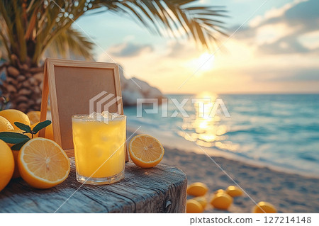 Summer drinks. Summer sunrise. Retro style of lemonade stand with a handwritten sign. Summer drinks. Summer sunrise. Retro style of lemonade stand with a handwritten sign. 127214148