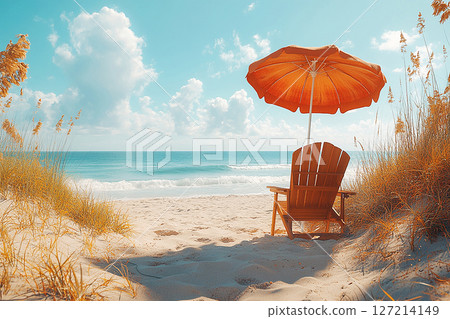 Summer morning. Mockup. Copy space. Umbrella and chairs set up on sand in beach of ocean. 127214149