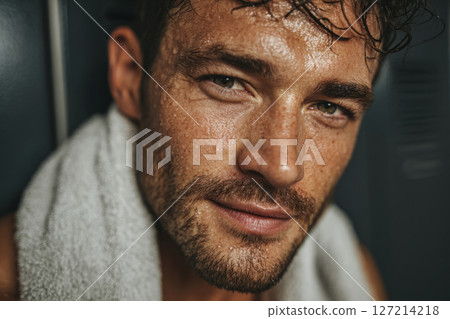 Sweaty man with towel after intense workout Sweaty man with towel after intense workout 127214218