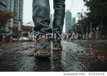 Person walking in muddy boots and jeans on wet city street 127214238