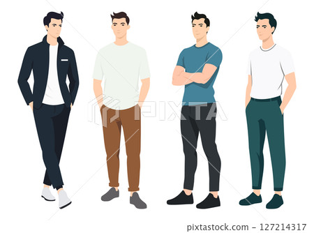 Stylish Men in Different Outfits. A set of fashionable men dressed in various outfits, including casual, formal, and street-style looks. 127214317