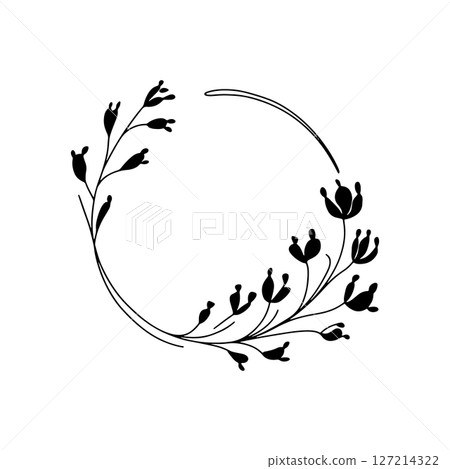 Black Botanical Wreath with Tulip Motif. A bold black floral wreath with stylized tulips and dense foliage. Ideal for modern branding, cards, and packaging. 127214322