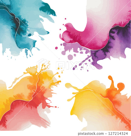 Layered Abstract Watercolor Set. A composition of layered watercolor shapes with fluid forms in pink, gold, and teal. Perfect for creative use and print design. 127214324