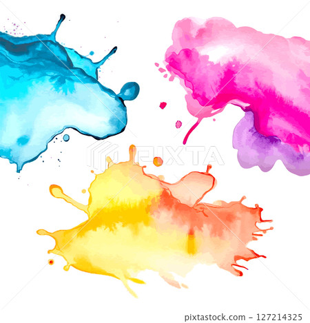 Watercolor Collision with Bright Hues. Splashes of yellow, blue, and magenta meet in a dynamic and colorful abstract artwork, full of movement and spontaneity. 127214325