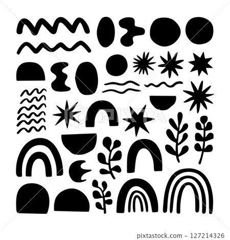 Nature Symbols Collection. Dense collection of abstract black plant shapes, sun motifs, and geometric forms arranged in a bold decorative pattern. Nature Symbols Collection. Dense collection of abstract black plant shapes, sun motifs, and geometric forms arranged in a bold decorative pattern. 127214326