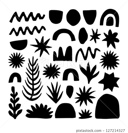 Black Abstract Nature Elements. Collection of black abstract nature-themed symbols, including leaves, plants, stars, and shapes in a modern flat design. Black Abstract Nature Elements. Collection of black abstract nature-themed symbols, including leaves, plants, stars, and shapes in a modern flat design. 127214327