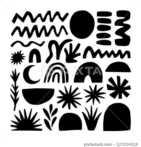 Black Natural Layout. A highly stylized abstract layout filled with plant silhouettes, wavy lines, and sun elements in bold black vector. Black Natural Layout. A highly stylized abstract layout filled with plant silhouettes, wavy lines, and sun elements in bold black vector. 127214328