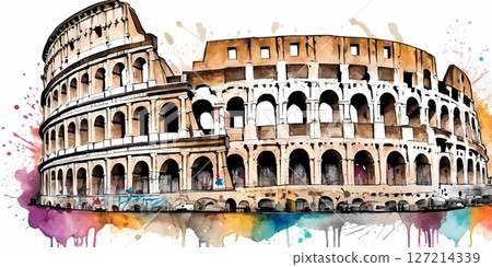 Colosseum in Rome Illustrated in Vibrant Watercolor Splash Style perfect for t-shirt, postcard Colosseum in Rome Illustrated in Vibrant Watercolor Splash Style perfect for t-shirt, postcard 127214339