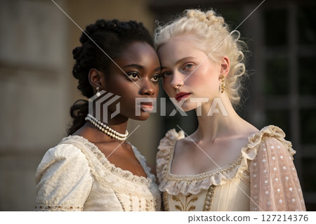 Black and white women in renaissance dresses, medieval nobility concept 127214376