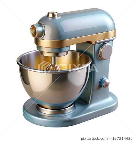 Shiny stainless steel stand mixer 3d render isolated, professional baking equipment, kitchen appliance, modern design 127214423