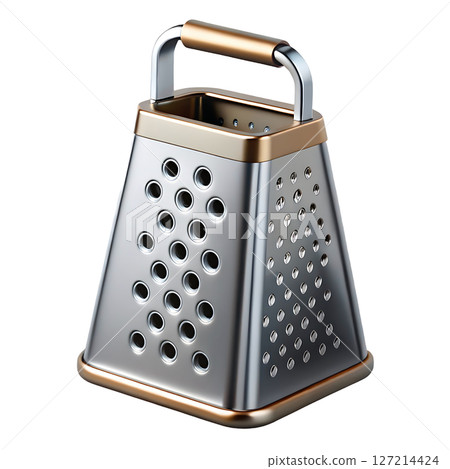 3d illustration of steel kitchen grater isolated, metal cheese shredder tool, cooking utensil 127214424