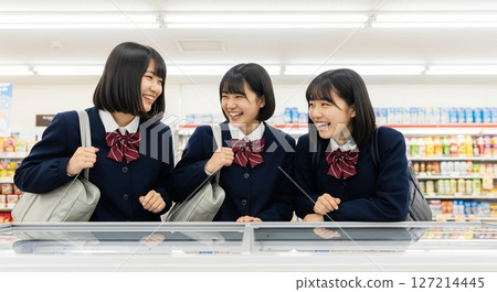 兩位女性朋友在放學回家的路上在便利商店購物 127214445
