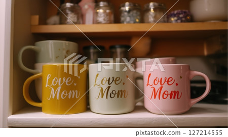 Colorful coffee mugs with the words Love Mom displayed in a cozy kitchen setting 127214555