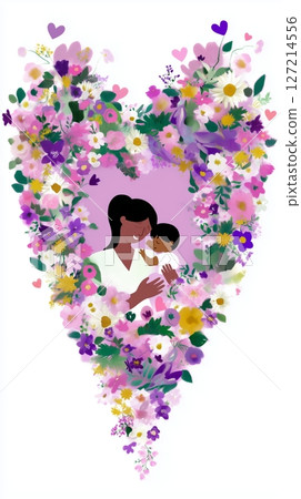 Heart-shaped floral design featuring a mother and child embracing on a colorful background of flowers Heart-shaped floral design featuring a mother and child embracing on a colorful background of flowers 127214556
