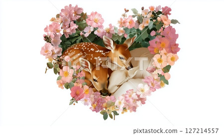 Two fawns peacefully resting among beautiful flowers in a heart shape layout 127214557