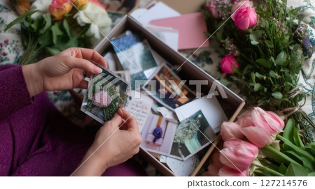 Sorting through cherished memories with flowers and photographs on a cozy afternoon at home 127214576