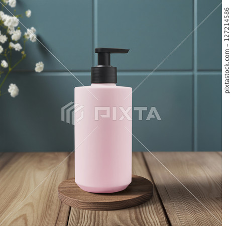 A chic and trendy pink pump bottle elegantly placed on a beautiful wooden surface 127214586