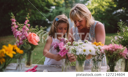 Mother and daughter enjoy flower arranging together outdoors on a sunny day in a garden setting 127214604