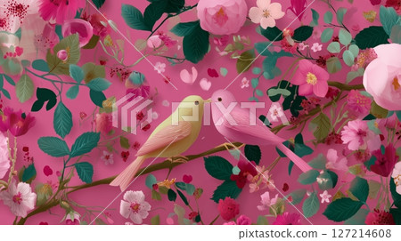 Colorful birds perched amidst vibrant flowers create a lovely spring atmosphere with soft pink background 127214608
