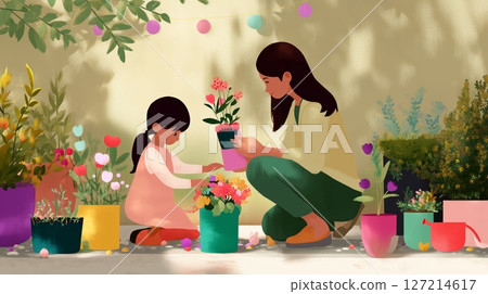 Mother and daughter enjoy planting flowers together in a colorful garden on a sunny day 127214617