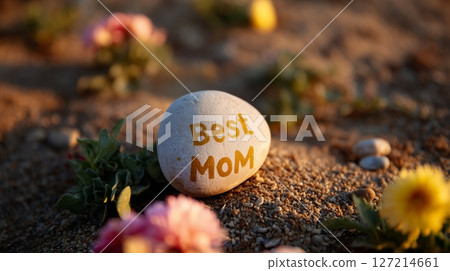 Gift stone with 'Best Mom' inscription surrounded by flowers in a garden setting at sunset 127214661