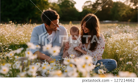 Family enjoying a sunny day outdoors surrounded by flowers during golden hour in a green meadow 127214662