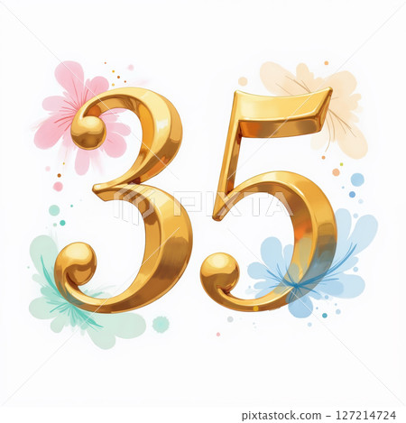 Golden number 35 with flowers on white background for birthday card. 127214724