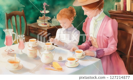 Elegant tea party with mother and daughter in a cozy garden setting during the afternoon 127214877