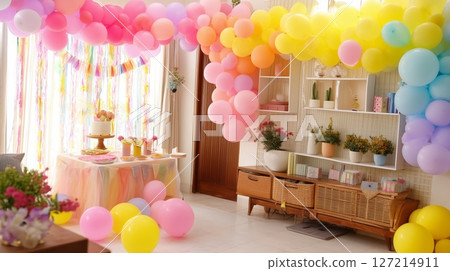 Colorful balloon decorations create a festive atmosphere for a cheerful celebration in a bright, cozy indoor space Colorful balloon decorations create a festive atmosphere for a cheerful celebration in a bright, cozy indoor space 127214911