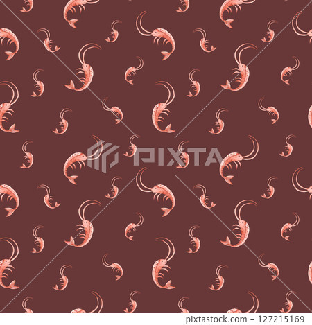 Seamless watercolor pattern with shrimps on brown, dark background, seafood for menu and restaurants Seamless watercolor pattern with shrimps on brown, dark background, seafood for menu and restaurants 127215169