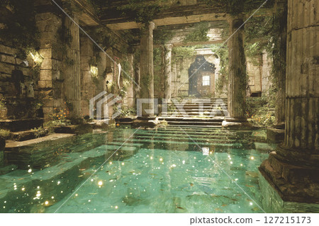 A sacred space of water and moss in a fantasy world 127215173