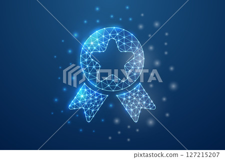 Award 3d symbol in low poly style. Reward design concept illustration. Quality guarantee polygonal wireframe. Award 3d symbol in low poly style. Reward design concept illustration. Quality guarantee polygonal wireframe. 127215207