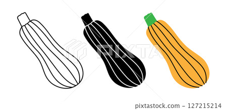 Zucchini icon set. Fresh organic vegetable symbol for kitchen, menu, food package design. Vector illustration 127215214