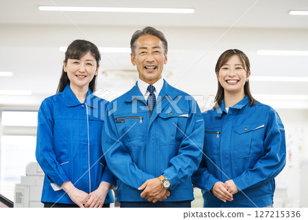 中小型工廠裡穿著工作服的男女工人的肖像 127215336