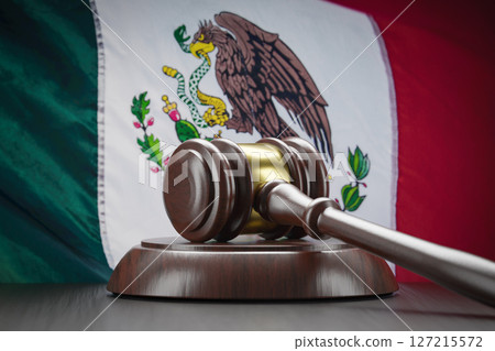 Wooden Gavel Resting on Table In Front of Mexican Flag 127215572